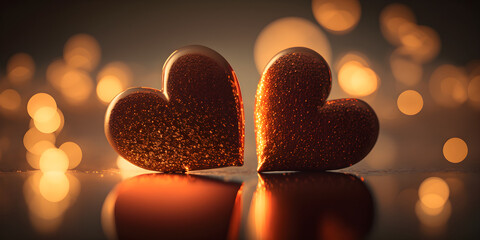 Fototapeta premium Red big hearts abstract background with bokeh. Valentine's Day. Holiday abstract heart background. Love concept. Golden hour. Generative AI