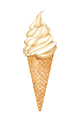 Watercolor illustration of vanilla ice cream in a waffle cone. Hand drawn illustration of food, dessert, for menu design decoration and children's theme.