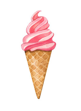 Watercolor illustration of strawberry ice cream in a waffle cone. Hand drawn illustration of food, dessert, for menu design decoration and children's theme.