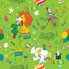 Colorful children's pattern "Circus". Tamer, tightrope walker and elephant juggler - circus performers in the arena. Vector graphics.Печать