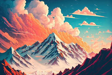 breathtaking view of the snow capped mountains against a picturesque sky of clouds. Generative AI