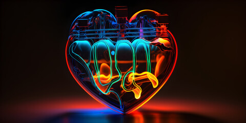 Neon heart-shape. real heart. Science Valentine's Day party decoration. Love concept. Neon love light. Generative AI