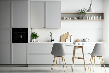 Scandinavian kitchen on a front wall, blank backdrop, interior architectural design idea. Generative AI