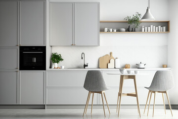 Fototapeta premium Scandinavian kitchen on a front wall, blank backdrop, interior architectural design idea. Generative AI