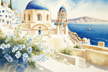 watercolor painting by hand of the Oia, Santorini vista. painting of a scene with white buildings, stairs, a church, a blue dome, fences, bougainvillea flowers, a blue sea, Greek islands, and sunshine
