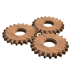 3D Wooden Gears. 3D illustration. Business development, teamwork concept. Mechanism wheels logo. Cogwheel concept template. Solving problems, settings, process, progress business icon. UI symbol. 