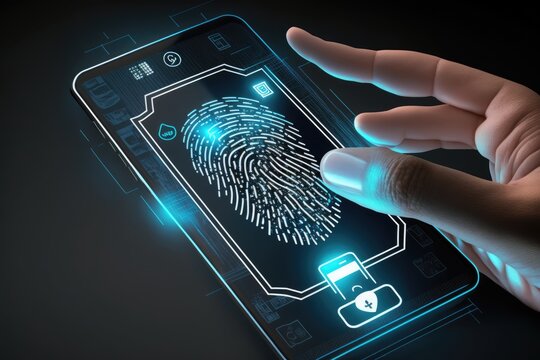 Unlocking device with fingerprint scan using biometrics security. Generative AI illustration.