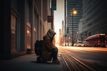 Homeless person sitting on sidewalk surrounded by busy cityscape, concept of Urban Poverty and Social Inequality, created with Generative AI technology - obrazy, fototapety, plakaty