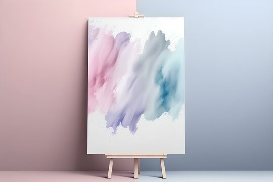 Poster With Abstract Drawing On The Easel. Strokes Of Blue And Pink Paint On Canvas In Pastel Colors. Generative AI.