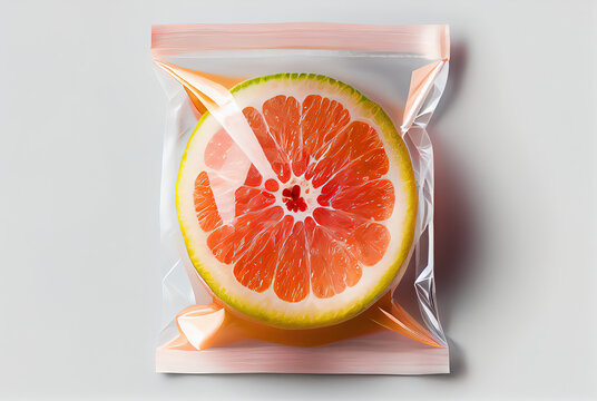 Transparent plastic bag with grapefruit. Generative AI.