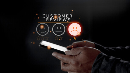 Customer Experience dissatisfied Concept, Unhappy Businessman Client with Sadness Emotion Face on smartphone screen, Bad review, bad service dislike bad quality, low rating, social media not good.