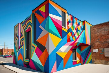 Colorful mural on side of building with bold patterns and bright colors, concept of Abstract Art and Street Art, created with Generative AI technology - obrazy, fototapety, plakaty