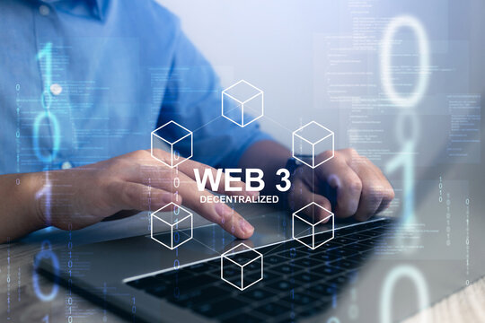 Programming code Web3 decentralized technology and Program development concept.Programmer working on laptop computer code with virtual screen in Cyberspace.Digital software, Website design.