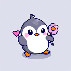 cute penguin holding flower - illustration