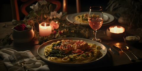 Valentine's Day. Romantic candlelight dinner table setup for couple with beautiful light as background. Delicious pasta with shrimps. Generative AI