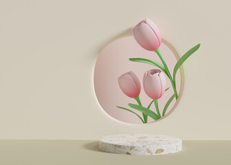 3Drender terrazzo stage Mockup Minimal Modern Stand Show Product With Pink tulip floral Concept 3d  Abstract Background podium.