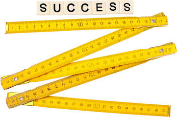 Yellow measuring tape with word success isolated on white background
