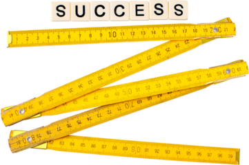 Yellow measuring tape with word success isolated on white background