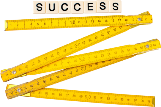 Yellow measuring tape with word success isolated on white background