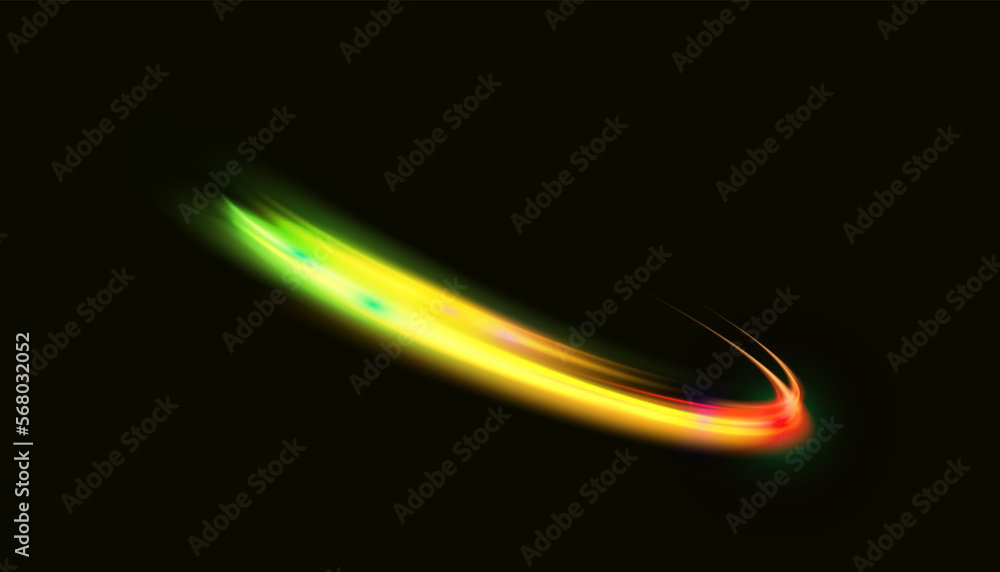 Poster Vector illustration of dynamic light sources on a dark background. High speed in night abstraction. Abstract light swirl. Light track effect. For web design, game design. PNG vector