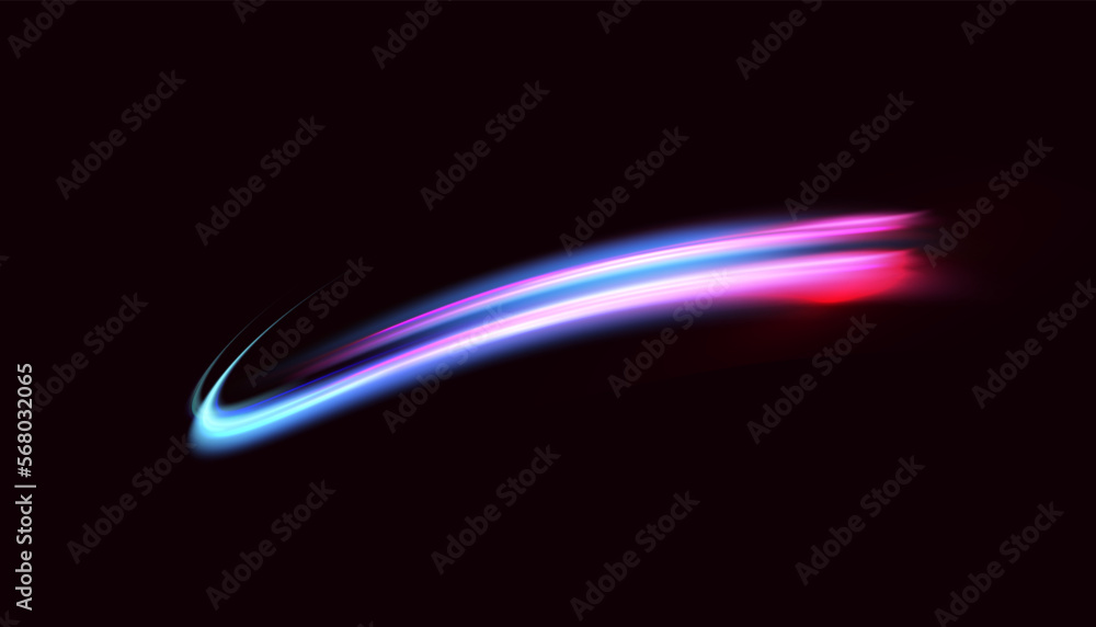 Poster Vector illustration of dynamic light sources on a dark background. High speed in night abstraction. Abstract light swirl. Light track effect. For web design, game design. PNG vector