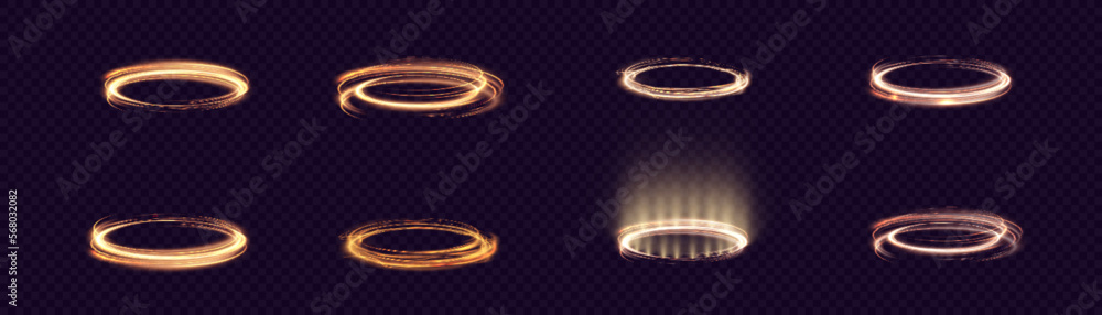 Poster Round teleport podium. Light gold swirl. Sci-fi digital hi-tech in glowing HUD projector. Magic gate in fantasy game. Artificial Intelligence.