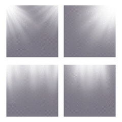 Bright spotlight. Set of bright lighting with stage spotlights with light dux on a transparent background.