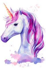 Plakat Beautiful colorful Unicorn, on a white background. Watercolor animals hand drawn illustration