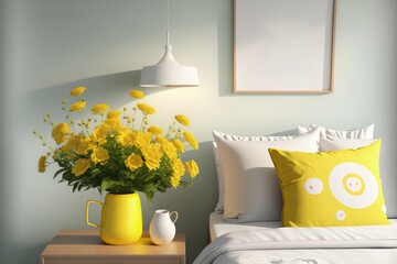 Cheerful yellow hello sign and fresh flowers in a clean and bright bedroom. Generative AI