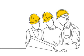 Single continuous line drawing of young construction manager giving instruction to builder coordinator at site meeting. Building architecture business concept. One line draw design vector