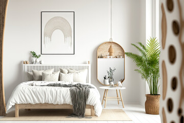Scandi Boho bedroom interior with white walls and natural wood furniture, mock up frame background. Generative AI