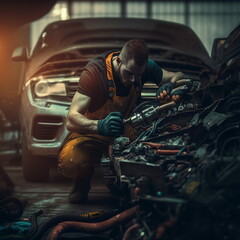Naklejka na ściany i meble Auto mechanic working on car engine in mechanics garagetransformed