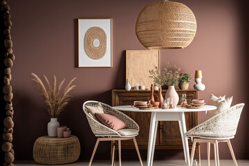 Stylish boho vintage dining room interior with poster mock up. Round table with rattan chair, vase with dried flowers. Brown wall and rattan lamp. Mock up poster. Template. Generative AI