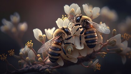 Bees on Sakura twig macro illustration for Cherry blossom day generative ai - obrazy, fototapety, plakaty