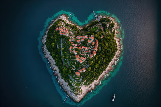 Aerial image of the heart shaped Bergeggi island in Liguria, northern Italy. Drone photos of the Ligurian coast, the province of Savona, the island of Bergeggi, and Spotorno. Generative AI