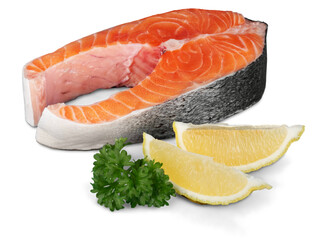 Fresh Raw Salmon Red Fish Steak with lemon