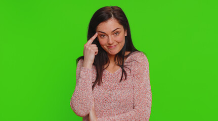 You are crazy, out of mind. Pretty young woman pointing at camera and showing stupid gesture...