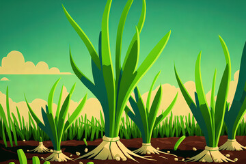 Close up of green onions growing in a field. harvest time. Generative AI