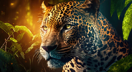 Jaguar with dramatic lightning in the jungle - Generative AI
