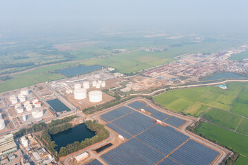Solar Photovoltaic of aerial top view, solar plant rows array of ground mount system Installation	

