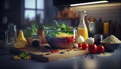 Food preparation with fresh ingredients in a modern kitchen