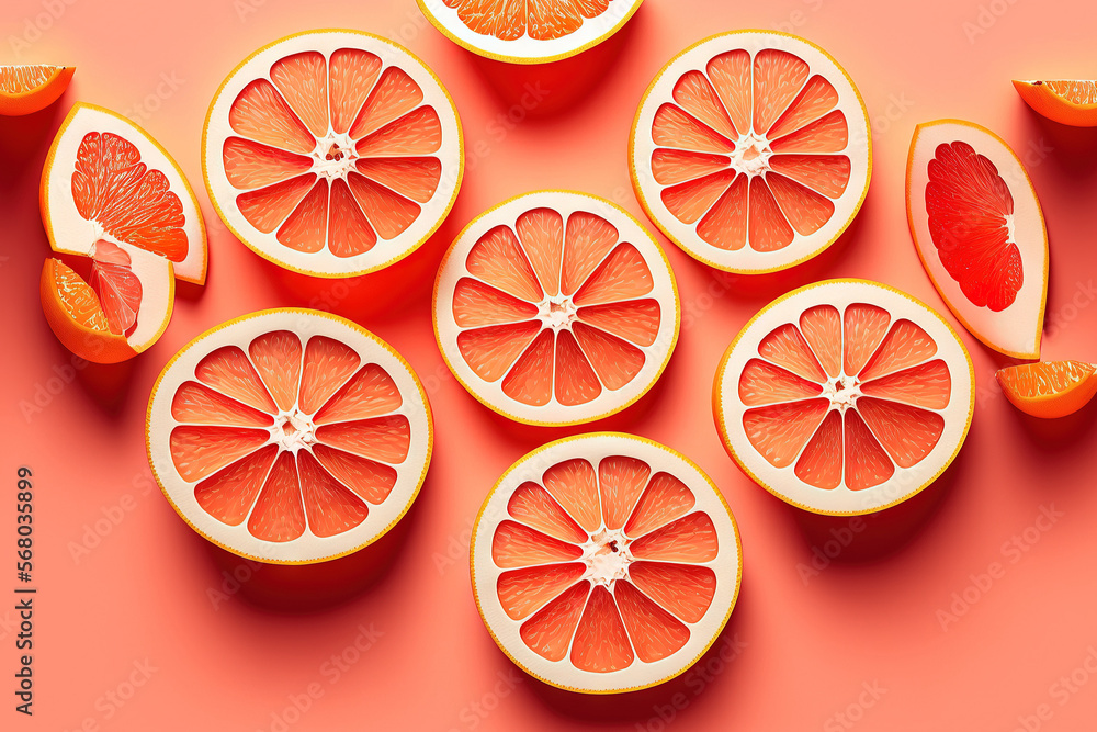 Poster fresh grapefruit slices in a vibrant fruit design on a pink backdrop. minimalist flat lay idea. gene