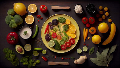 Food flatlay with fresh vegetables and fruits