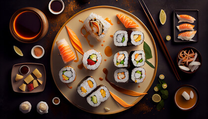 Food flatlay with delicious looking sushi rolls