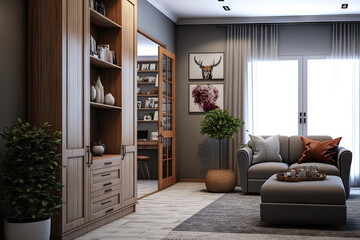 Modern interior room design and decoration with built in wooden cabinet and drawer coffe table on grey color carpet. . Generative AI