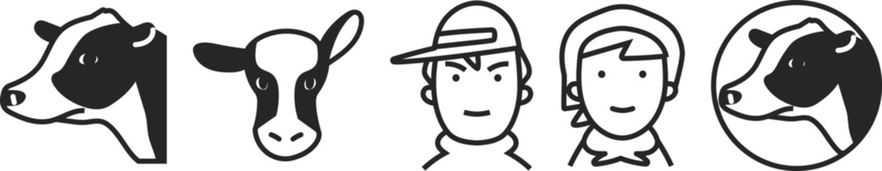 酪農家と乳牛のアイコン　ピクトグラム　セット　イラスト素材
