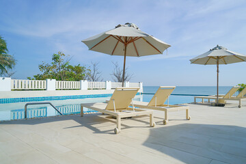 bed pool around swimming pool with sea background