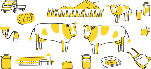 酪農に関するかわいいシンボル　ピクトグラム　セット　イラスト素材	
