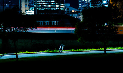 Motorcycle in Nighttime Park with Busy Highway in the Background