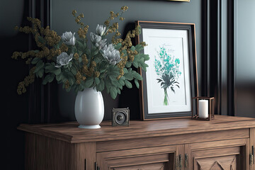 Oaken cabinet with a faux photo frame and a bouquet of flowers in a vase in a stylish home design. Generative AI - obrazy, fototapety, plakaty